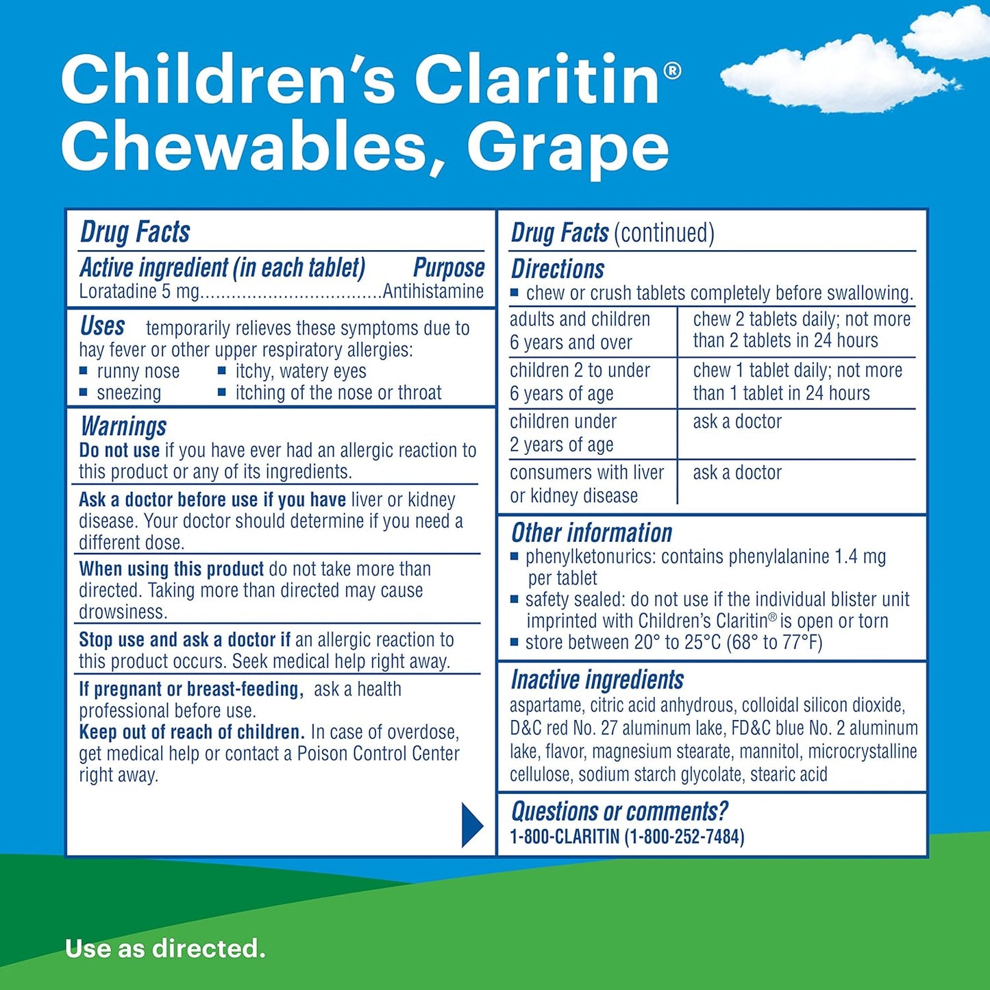 Children's Claritin Non-Drowsy Chewable Tablets, 5 mg Loratadine, Grape , 40 count/pk.