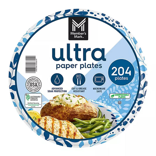 Member's Mark Ultra Dinner Paper Plates, 10" , 204 count