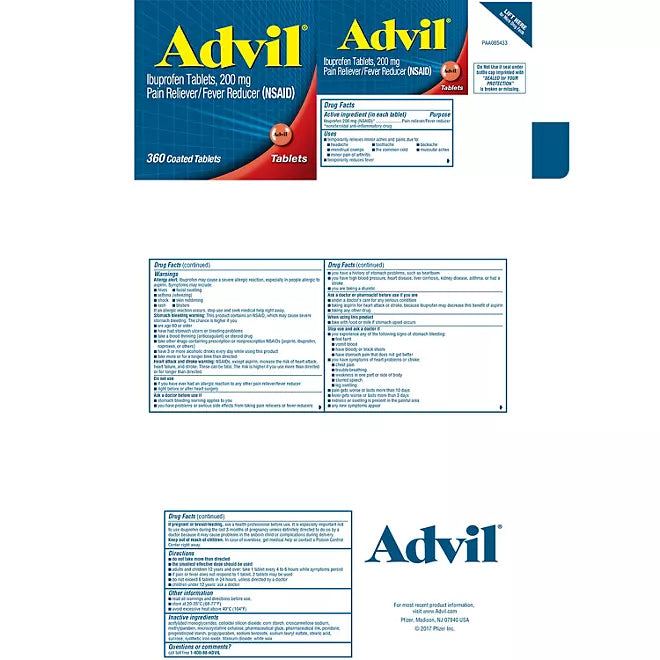 Advil Pain Reliever and Fever Reducer Tablet NSAID, 200 mg Ibuprofen , 360 count