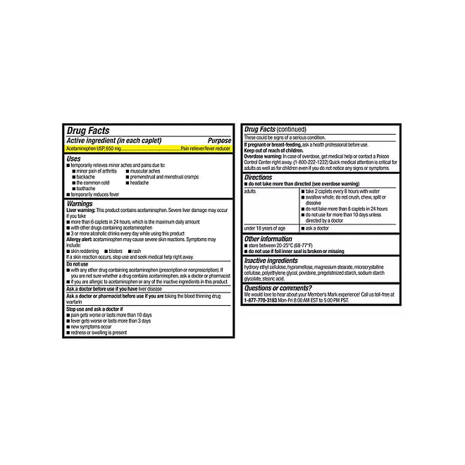 Member's Mark Arthritis Pain Extended Release Tablets, 650 mg Acetaminophen ,  200 count/pk., 2 pk.