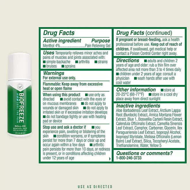 Biofreeze Fast Acting Pain Relief Roll-On , 3oz, 2 pk.