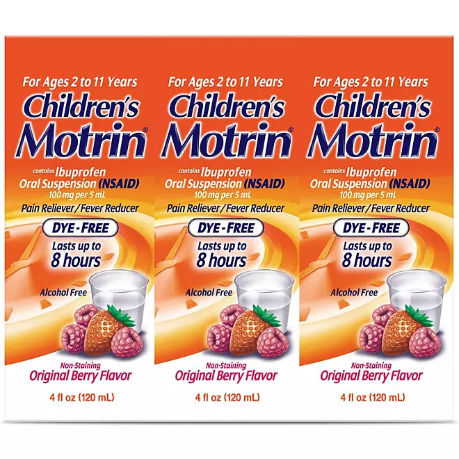 Children's Motrin Pain Reliever/Fever Reducer NSAID, 100 mg Ibuprofen, Original Berry , 4 oz., 3 pk.