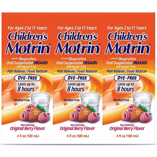 Children's Motrin Pain Reliever/Fever Reducer NSAID, 100 mg Ibuprofen, Original Berry , 4 oz., 3 pk.
