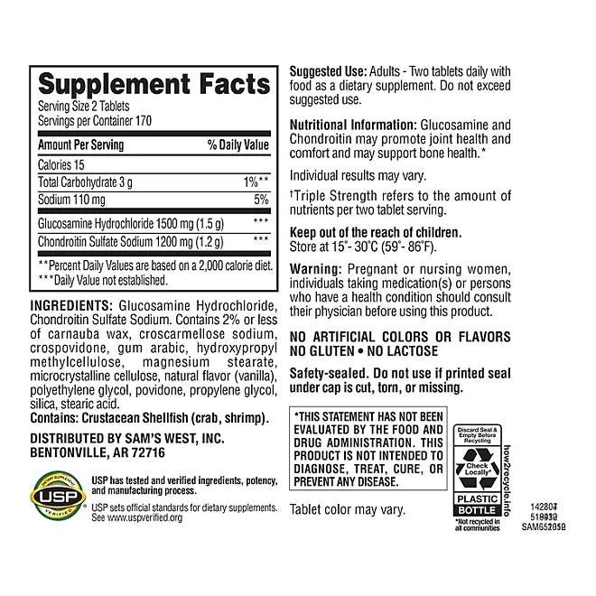 Member's Mark Triple Strength Glucosamine Chondroitin Tablets , 340 count