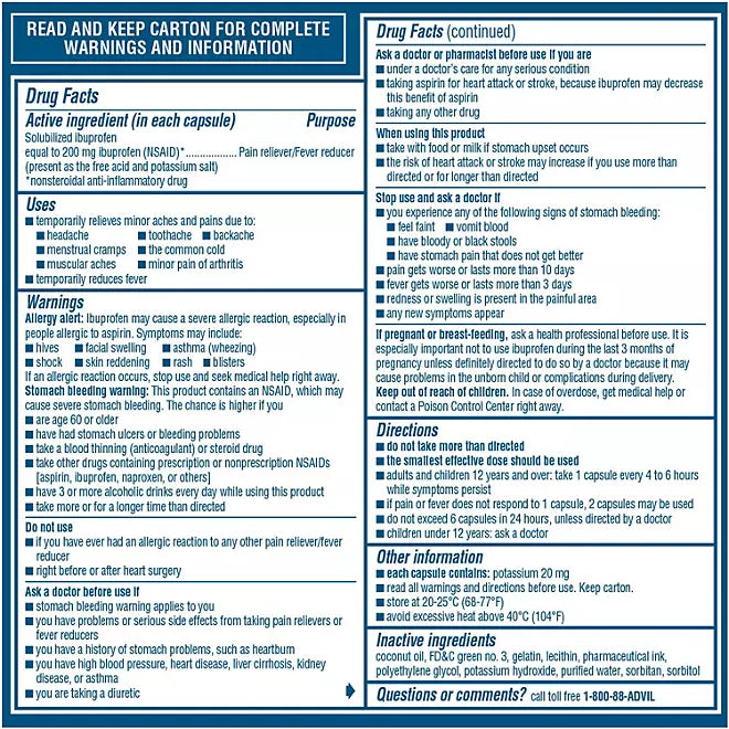 Advil Liqui-Gels Pain Reliever and Fever Reducer Capsules, 200 mg Ibuprofen , 120 count/pk., 2 pk.