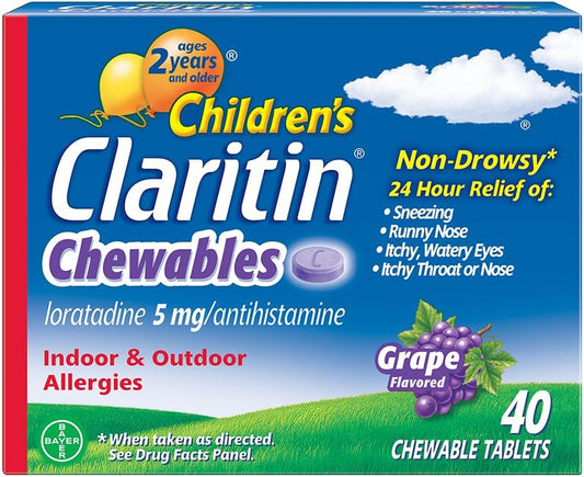 Children's Claritin Non-Drowsy Chewable Tablets, 5 mg Loratadine, Grape , 40 count/pk.