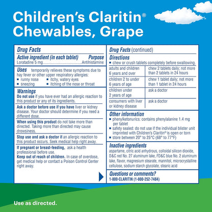 Children's Claritin Non-Drowsy Chewable Tablets, 5 mg Loratadine, Grape , 40 count/pk.