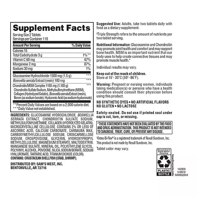 Member's Mark Triple-Strength Glucosamine Chondroitin MSM Tablets , 220 count