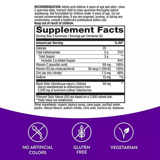 Nature’s Way Sambucus Immune Gummies, Elderberry, Vitamin C, Vitamin D3, Zinc , 120 count