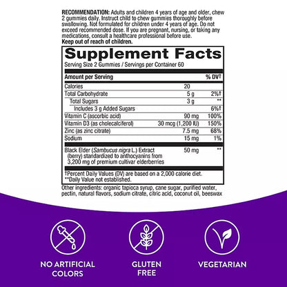 Nature’s Way Sambucus Immune Gummies, Elderberry, Vitamin C, Vitamin D3, Zinc , 120 count