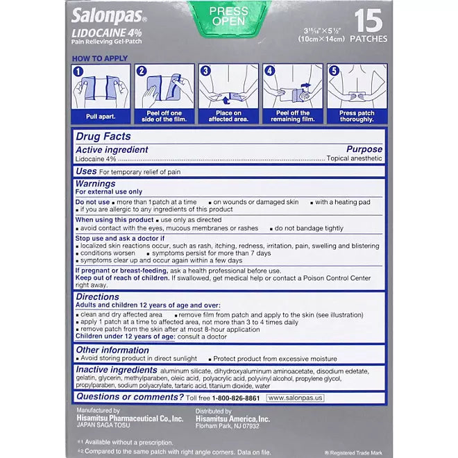 Salonpas Lidocaine Pain-Relieving Gel-Patch , 15 count