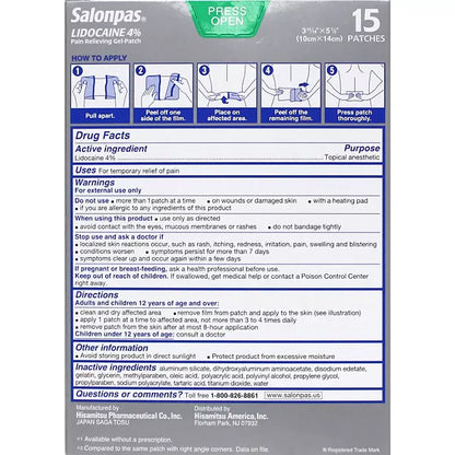 Salonpas Lidocaine Pain-Relieving Gel-Patch , 15 count