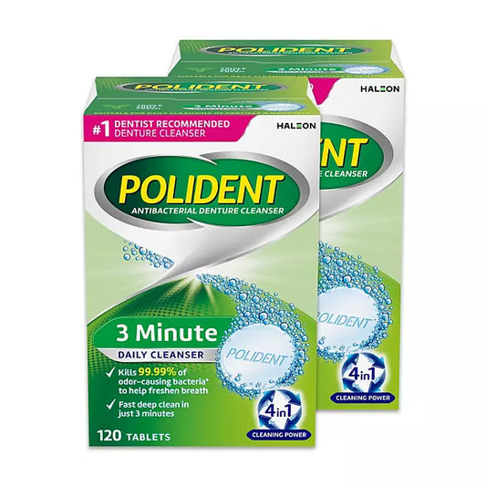 Polident 3 Minute, Antibacterial Denture Cleanser 120 ea , Pack of 2