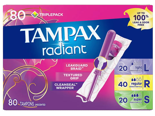 Tampax Radiant Tampons Trio Pack with LeakGuard Braid, Lite/Regular/Super Absorbency, 80 count - Unscented
