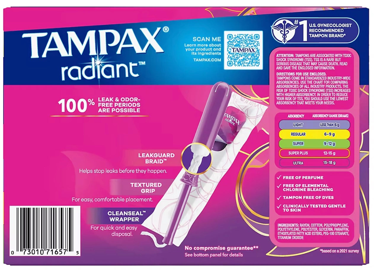 Tampax Radiant Tampons Trio Pack with LeakGuard Braid, Lite/Regular/Super Absorbency, 80 count - Unscented