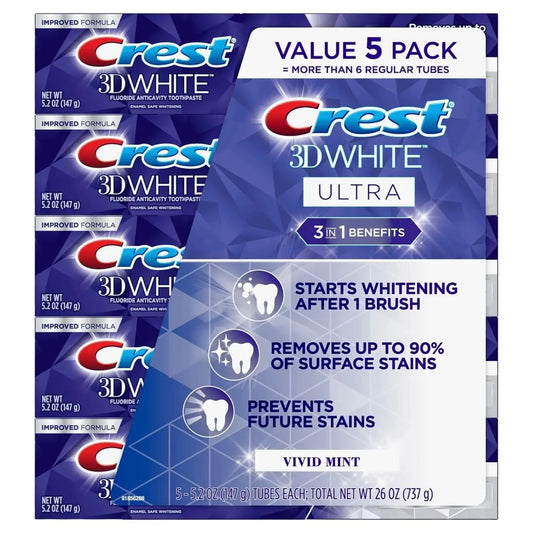 Crest 3D White Ultra Whitening Toothpaste, Vivid Mint (5.2 oz., 5 pk.) - Retail Therapy Outlet