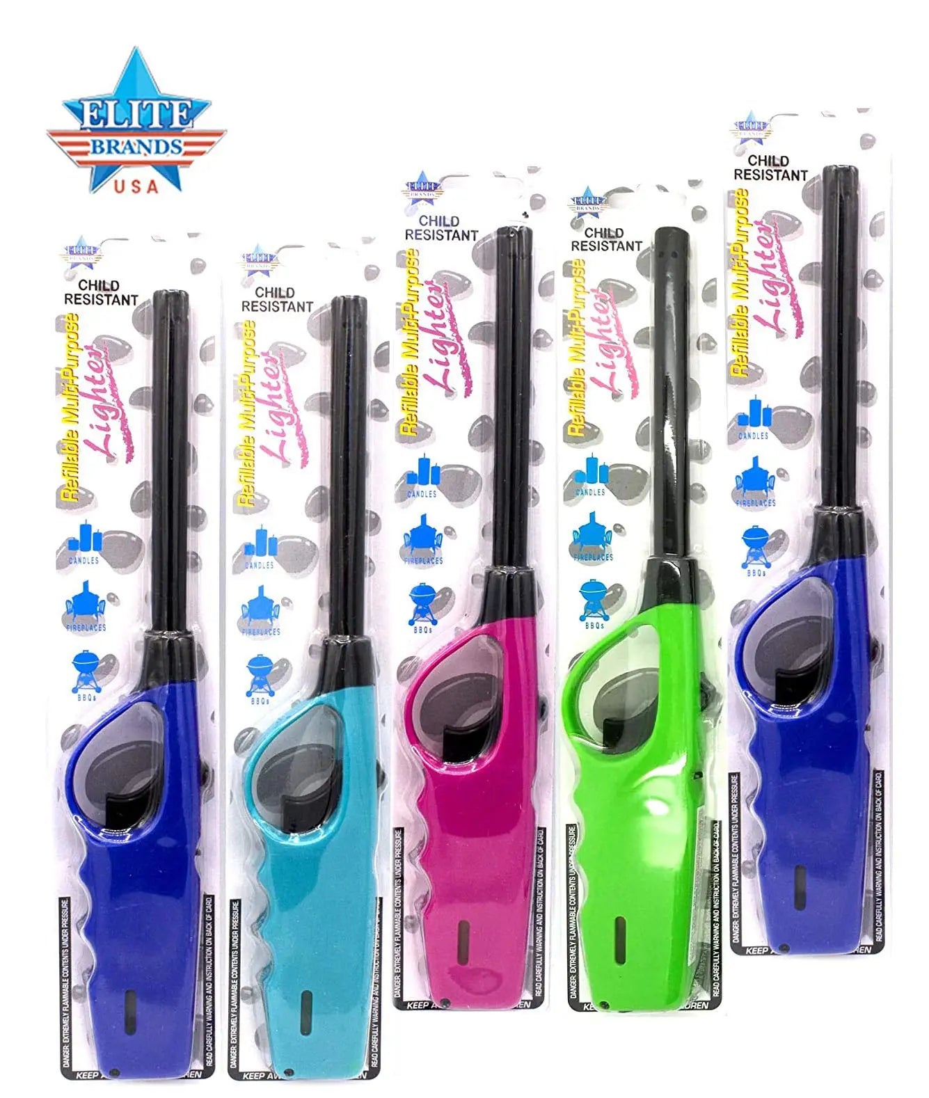 Elite Brands USA Long Lighters Pack, 5 Pack of Butane Refillable Fire Lighters, Ideal as Multipurpose Utility Lighters BBQ Lighters Grill Lighters Kitchen Lighters,Multilor,Large - Retail Therapy Outlet
