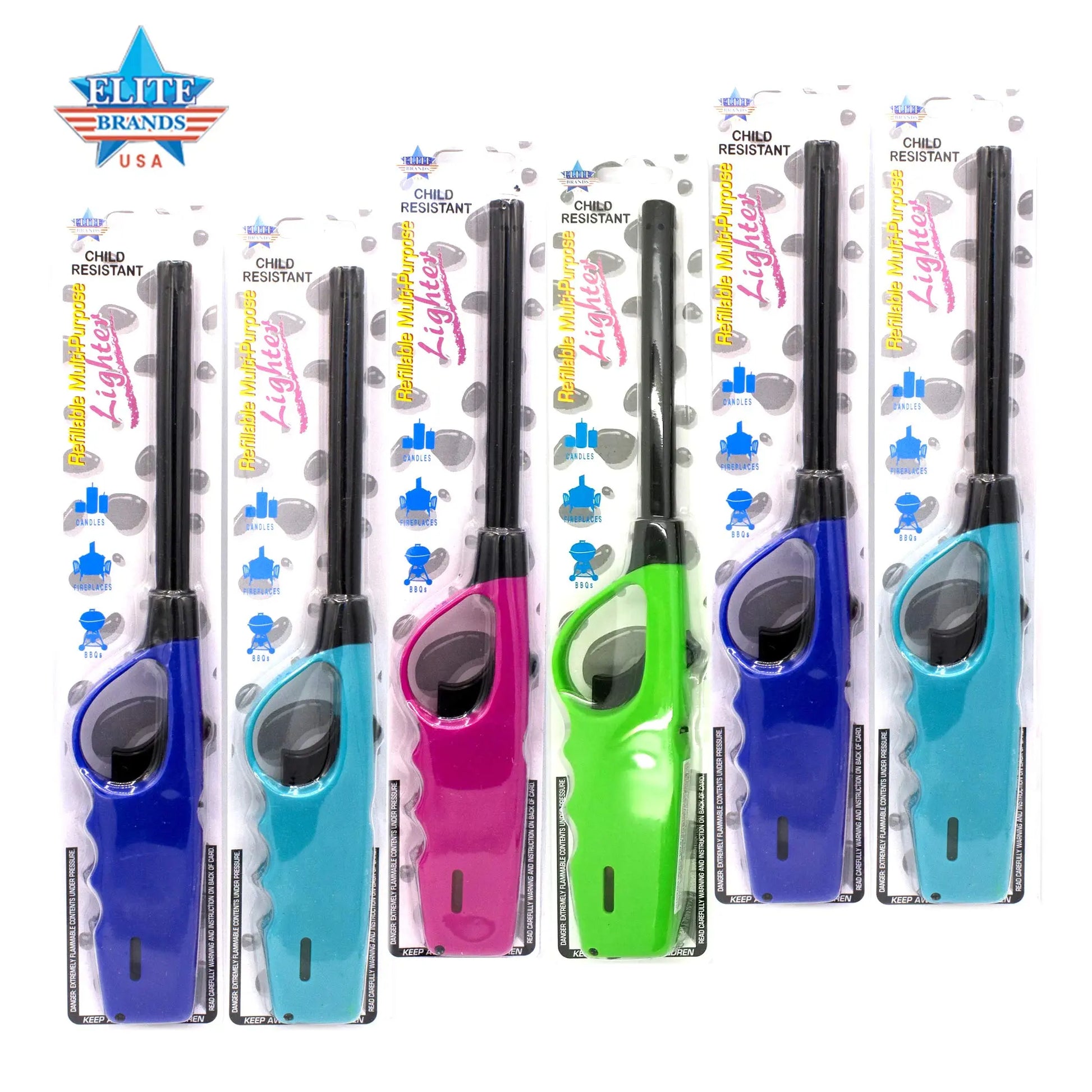 Elite Brands USA Multipurpose Long Fire Lighters Pack, Refillable Upgrade, Ideal for BBQ Grill Fireplace Gas Stove Campfire, Neon Color Utility Lighter, Value Pack of 6 - Retail Therapy Outlet