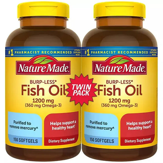 Nature Made Burp-Less Fish Oil 1,200 mg. Softgels for Heart Health (2 pk., 150 count/pk.) Nature Made
