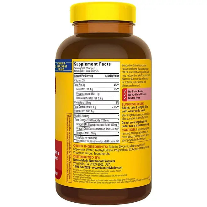 Nature Made Burp-Less Fish Oil 1,200 mg. Softgels for Heart Health (2 pk., 150 count/pk.) Nature Made