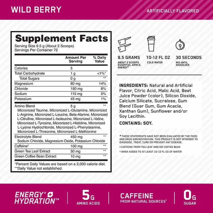 Optimum Nutrition Essential Amino Energy + Electrolytes, Wild Berry, 1.51 lbs Liquid IV