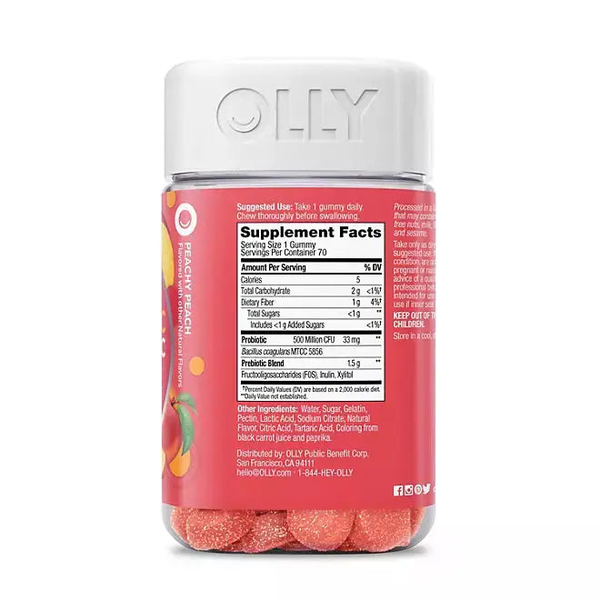 OLLY Adult Probiotic + Prebiotic Digestive Support Gummy, Peach (70 count) OLLY