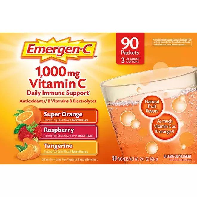 Emergen-C Drink Mix Variety Pack, Super Orange, Raspberry & Tangerine (29.1 oz., 90 count) - Retail Therapy Outlet