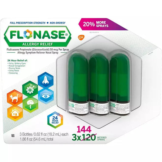 FLONASE Allergy Relief Nasal Spray (144 sprays per bottle, 3 count) Nasacort