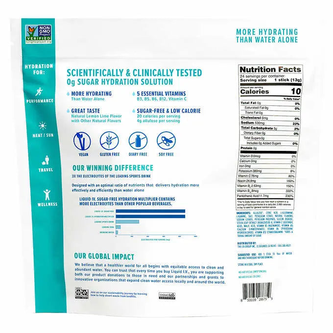 Liquid I.V. Hydration Multiplier, 24 Individual Serving Stick Packs in Resealable Pouch, Sugar Free Lemon Lime Liquid IV