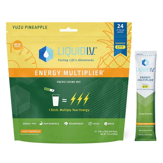 Liquid I.V. Energy Multiplier Yuzu Pineapple, 24 Individual Serving Stick Packs in Resealable Pouch Liquid IV