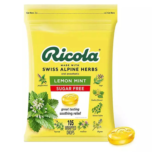 Ricola Sugar Free Lemon Mint Herbal Cough Suppressant Throat Drops, 105ct Bag - Retail Therapy Outlet