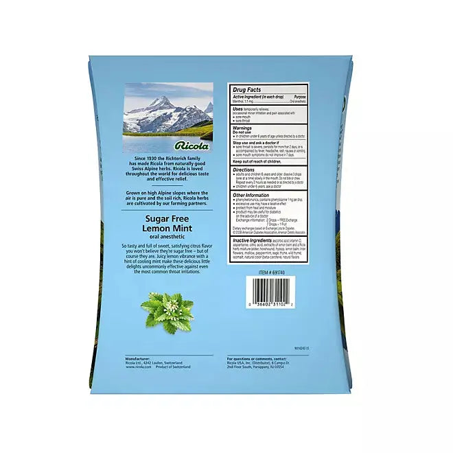 Ricola Sugar Free Lemon Mint Herbal Cough Suppressant Throat Drops, 105ct Bag - Retail Therapy Outlet