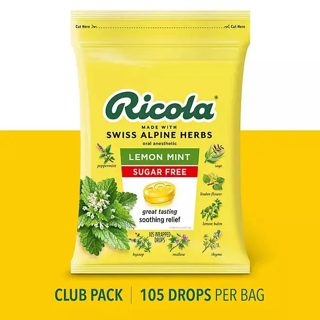 Ricola Sugar Free Lemon Mint Herbal Cough Suppressant Throat Drops, 105ct Bag - Retail Therapy Outlet