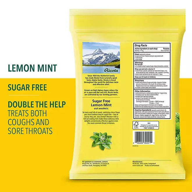 Ricola Sugar Free Lemon Mint Herbal Cough Suppressant Throat Drops, 105ct Bag - Retail Therapy Outlet