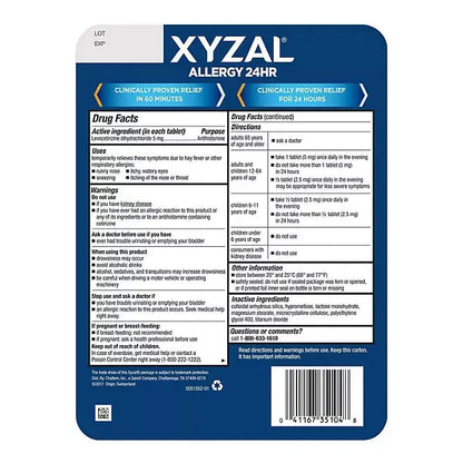 Xyzal 24-Hr. Allergy Relief Tablets (55 count/pk., 2 pks.) Zyrtec
